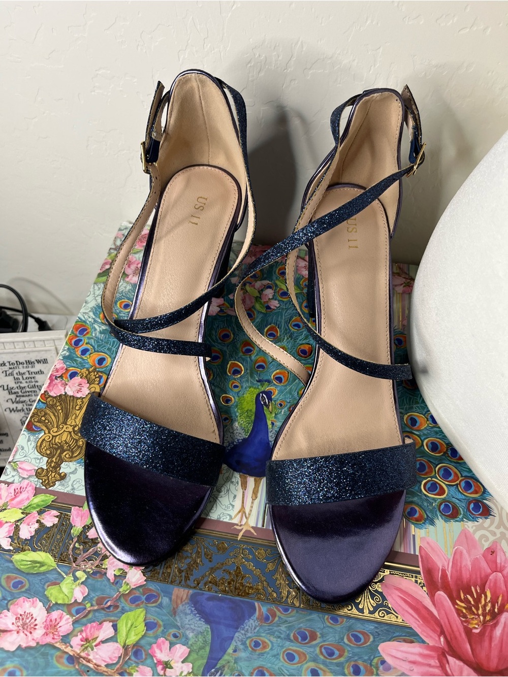 Allegra K Glitter Crisscross Strap Block Heel Sandals Navy Blue Size 11 - Picture 3 of 8